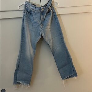 MOTHER Light Blue Cropped Straight-Leg Jeans with Frayed Hem